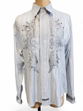 English Laundry Mens XL Blue Striped Embroidered Button Up Shirt Studded